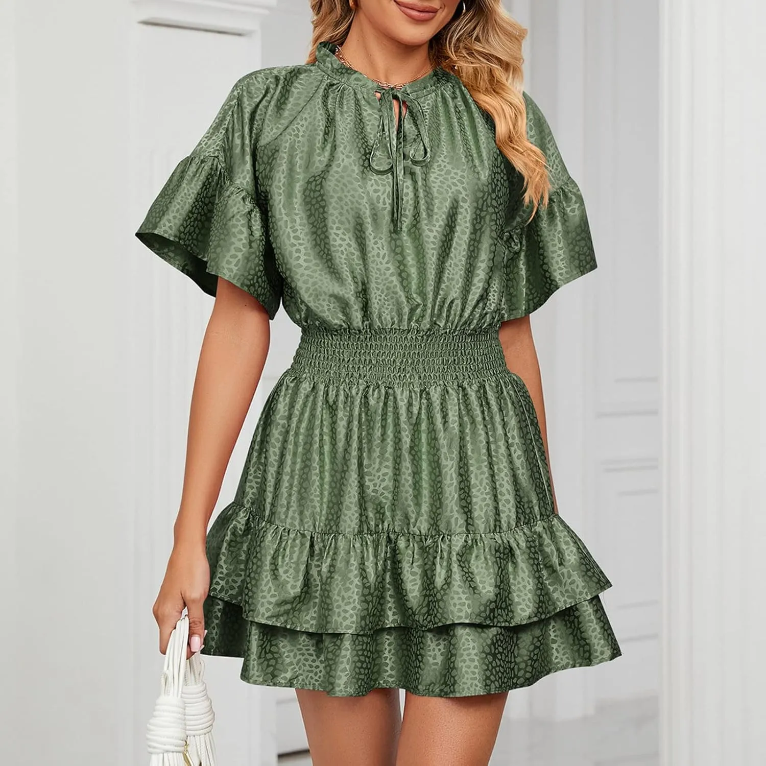 XUNRYAN Womens Classy Satin Dress Summer Casual Dresses Short Sleeve Lace Up V Neck Tiered Ruffle Mini Dress