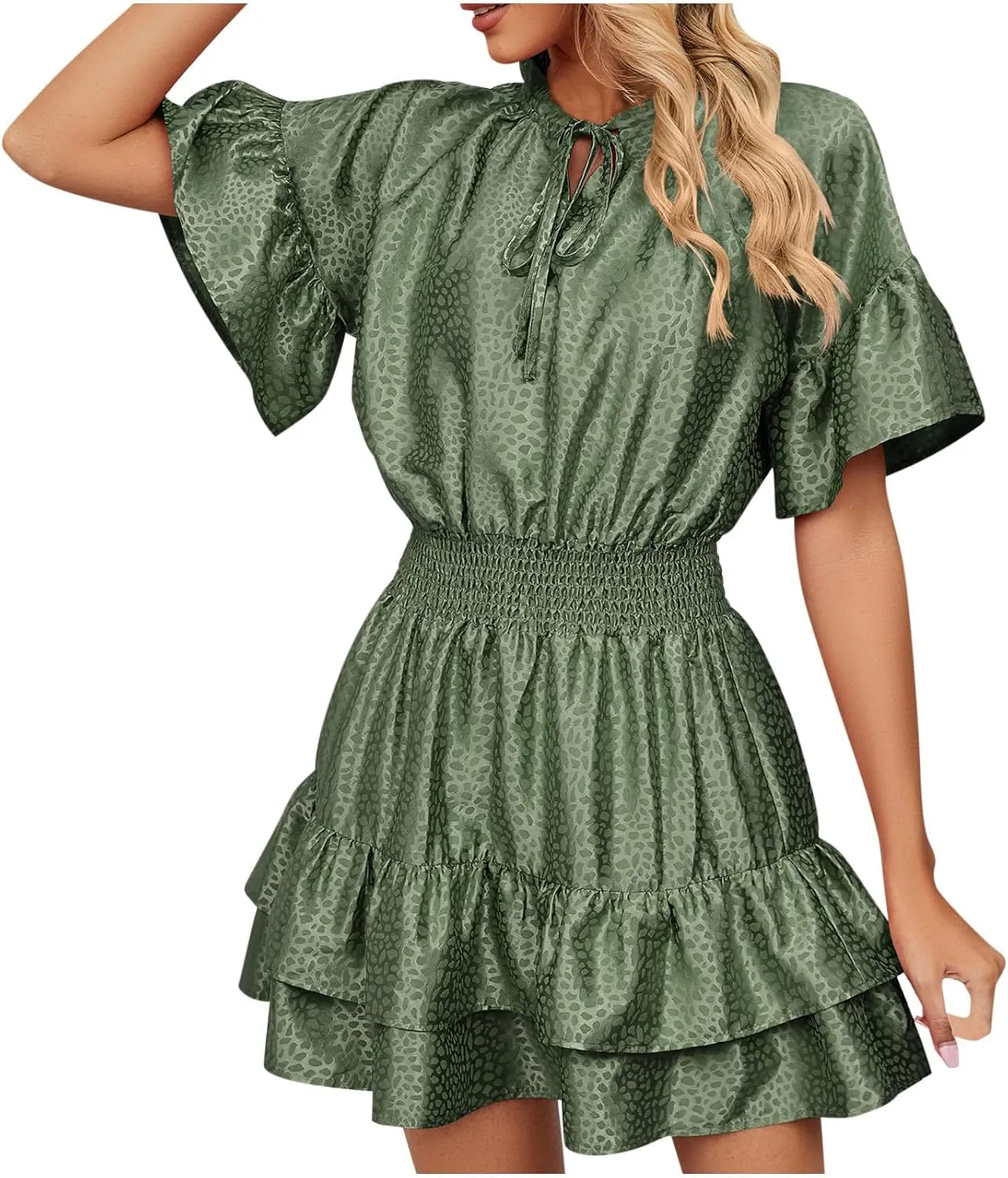 XUNRYAN Womens Classy Satin Dress Summer Casual Dresses Short Sleeve Lace Up V Neck Tiered Ruffle Mini Dress