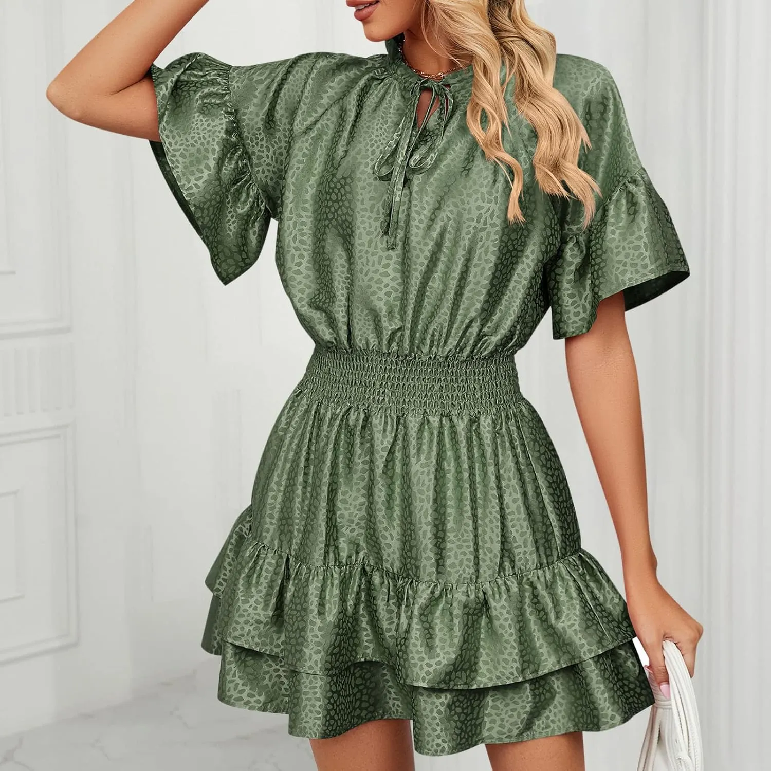 XUNRYAN Womens Classy Satin Dress Summer Casual Dresses Short Sleeve Lace Up V Neck Tiered Ruffle Mini Dress