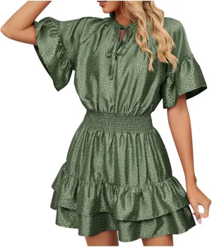 XUNRYAN Womens Classy Satin Dress Summer Casual Dresses Short Sleeve Lace Up V Neck Tiered Ruffle Mini Dress