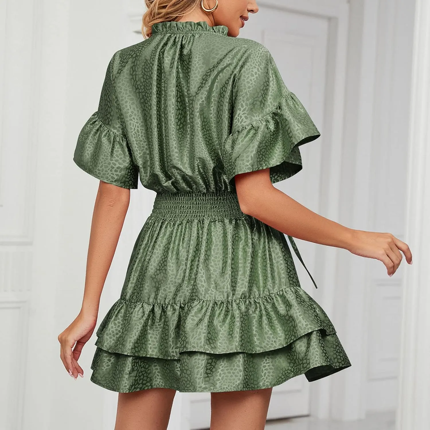 XUNRYAN Womens Classy Satin Dress Summer Casual Dresses Short Sleeve Lace Up V Neck Tiered Ruffle Mini Dress
