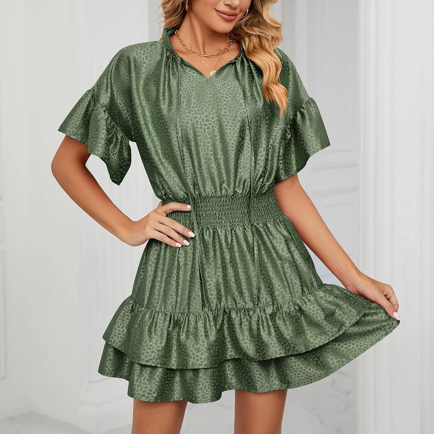XUNRYAN Womens Classy Satin Dress Summer Casual Dresses Short Sleeve Lace Up V Neck Tiered Ruffle Mini Dress