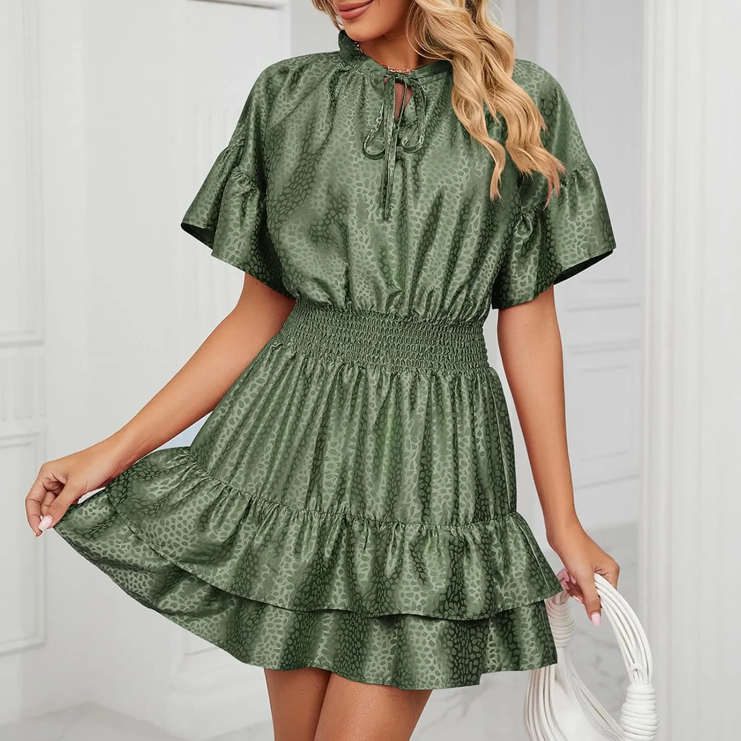 XUNRYAN Womens Classy Satin Dress Summer Casual Dresses Short Sleeve Lace Up V Neck Tiered Ruffle Mini Dress