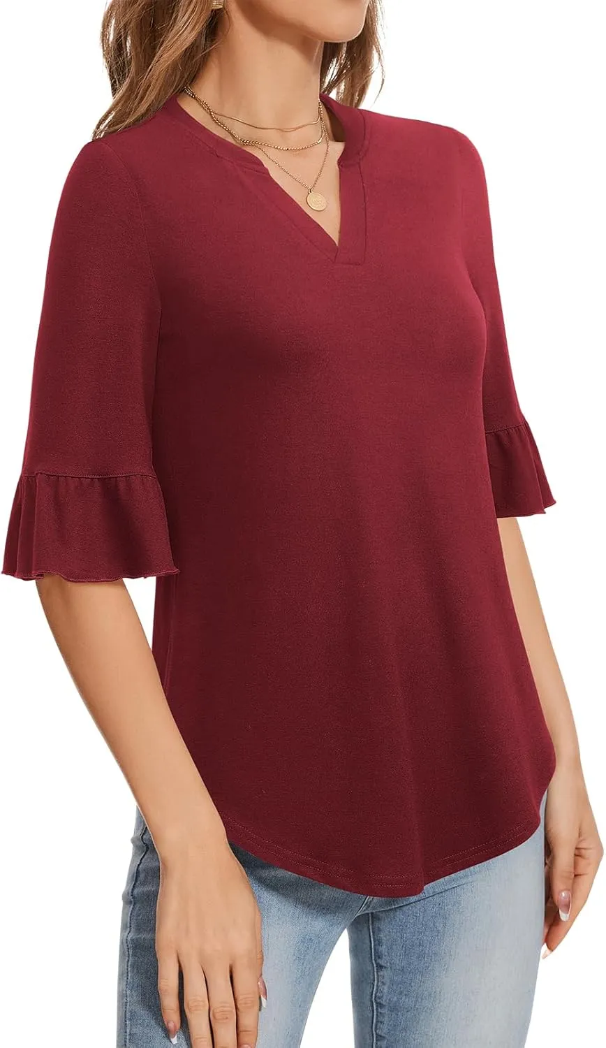 YATHON 3/4 Length Sleeve Womens Tops Dressy Casual Summer Shirts V Neck Bell Sleeve Floral Print Loose Ruffle Tunic Blouses