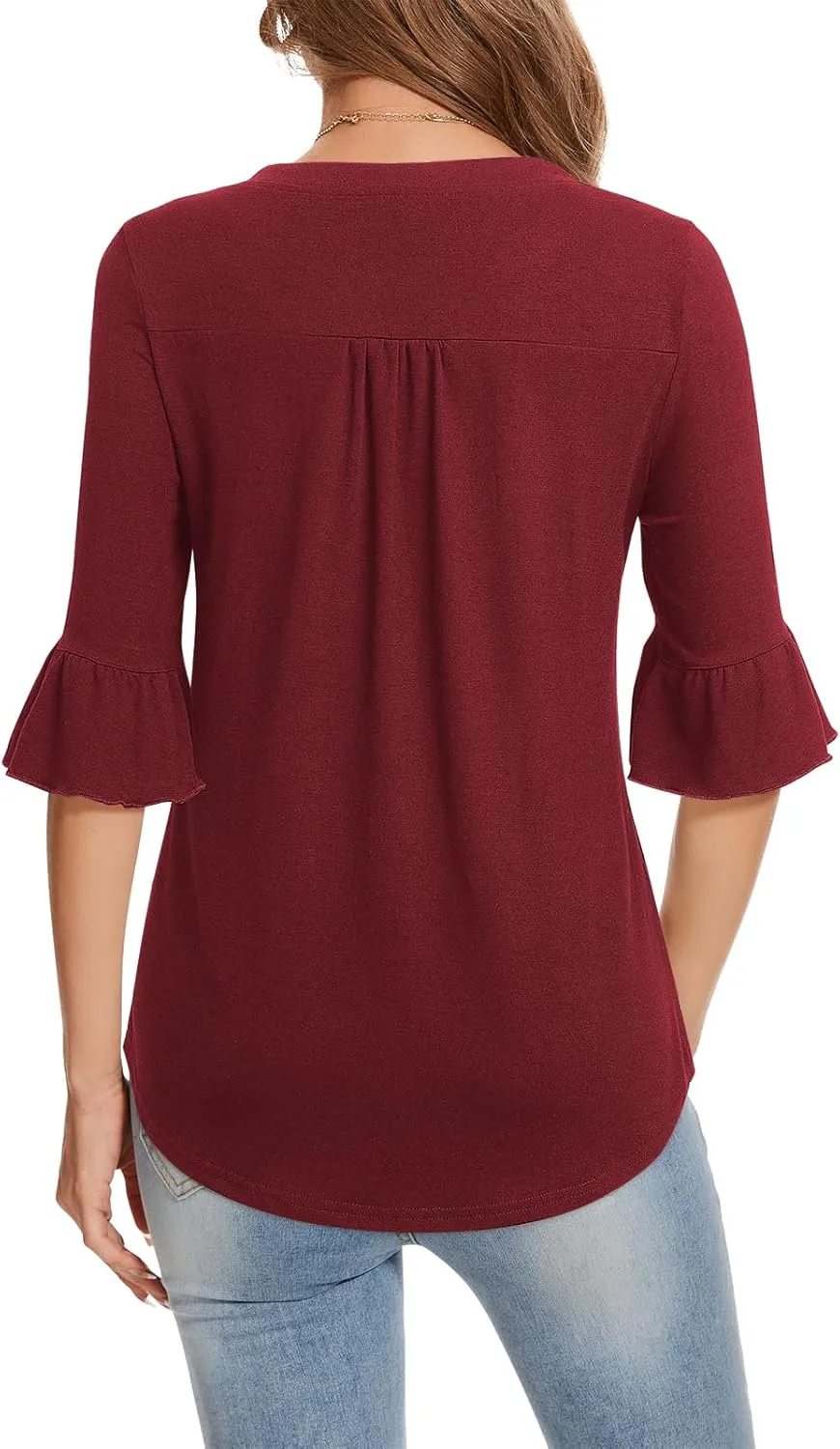 YATHON 3/4 Length Sleeve Womens Tops Dressy Casual Summer Shirts V Neck Bell Sleeve Floral Print Loose Ruffle Tunic Blouses