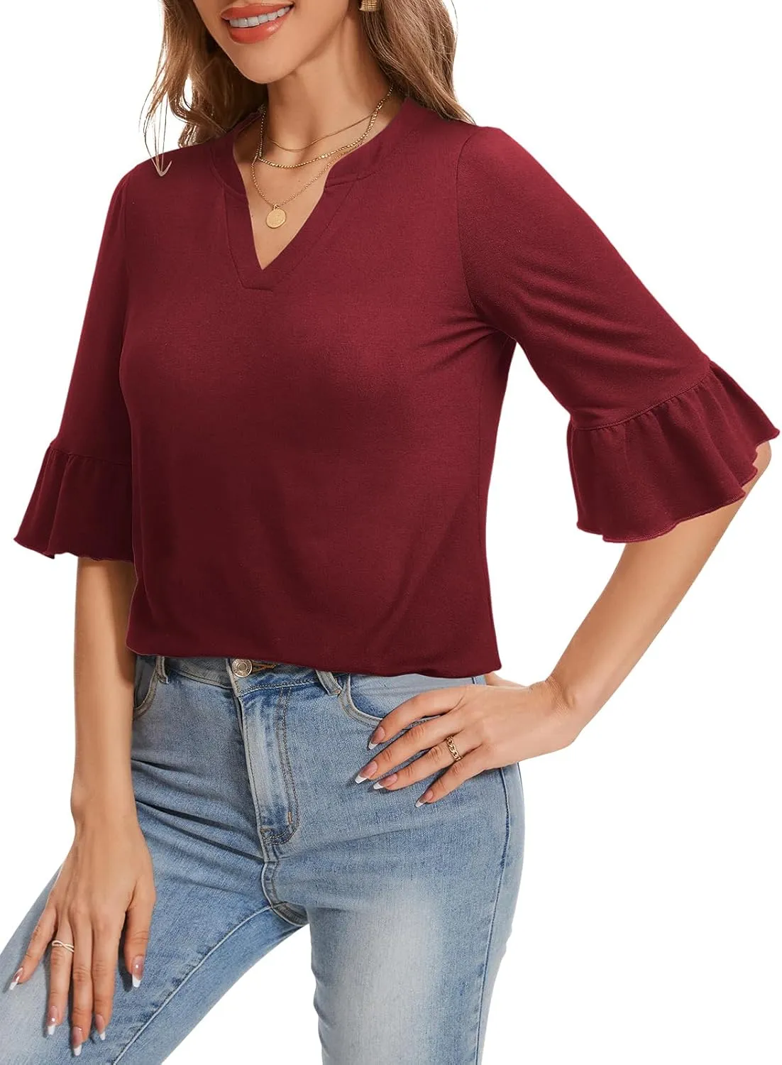 YATHON 3/4 Length Sleeve Womens Tops Dressy Casual Summer Shirts V Neck Bell Sleeve Floral Print Loose Ruffle Tunic Blouses