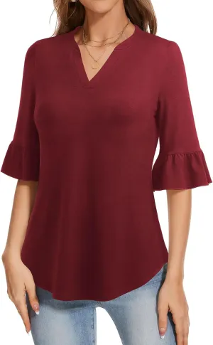 YATHON 3/4 Length Sleeve Womens Tops Dressy Casual Summer Shirts V Neck Bell Sleeve Floral Print Loose Ruffle Tunic Blouses