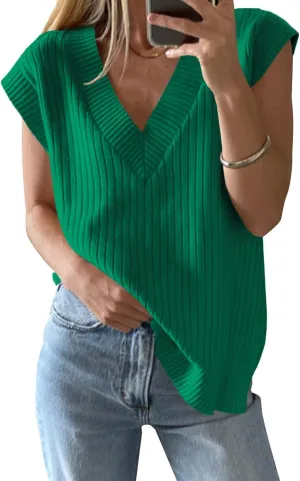 ZDC Women's V Neck Sweater Vest Oversized Sleeveles Casual Tank Tops Ribbed Knit Loose Fit Pullover