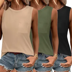 Zeagoo Women's 3 Pack Tank Tops 2025 Loose Fit High Neck Summer Top Dressy Casual Sleeveless Shirts with Pocket