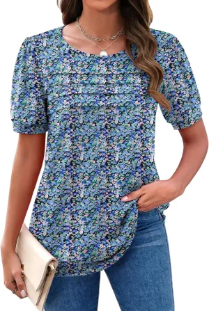 Zeagoo Womens Short Sleeve Tops Floral Boho Shirts Pleated Crewneck Summer Outfit Puff Sleeve Blouses Casual Tunic