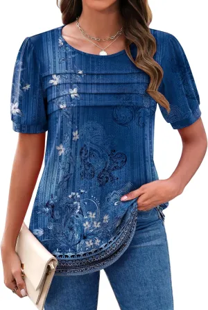 Zeagoo Womens Short Sleeve Tops Floral Boho Shirts Pleated Crewneck Summer Outfit Puff Sleeve Blouses Casual Tunic