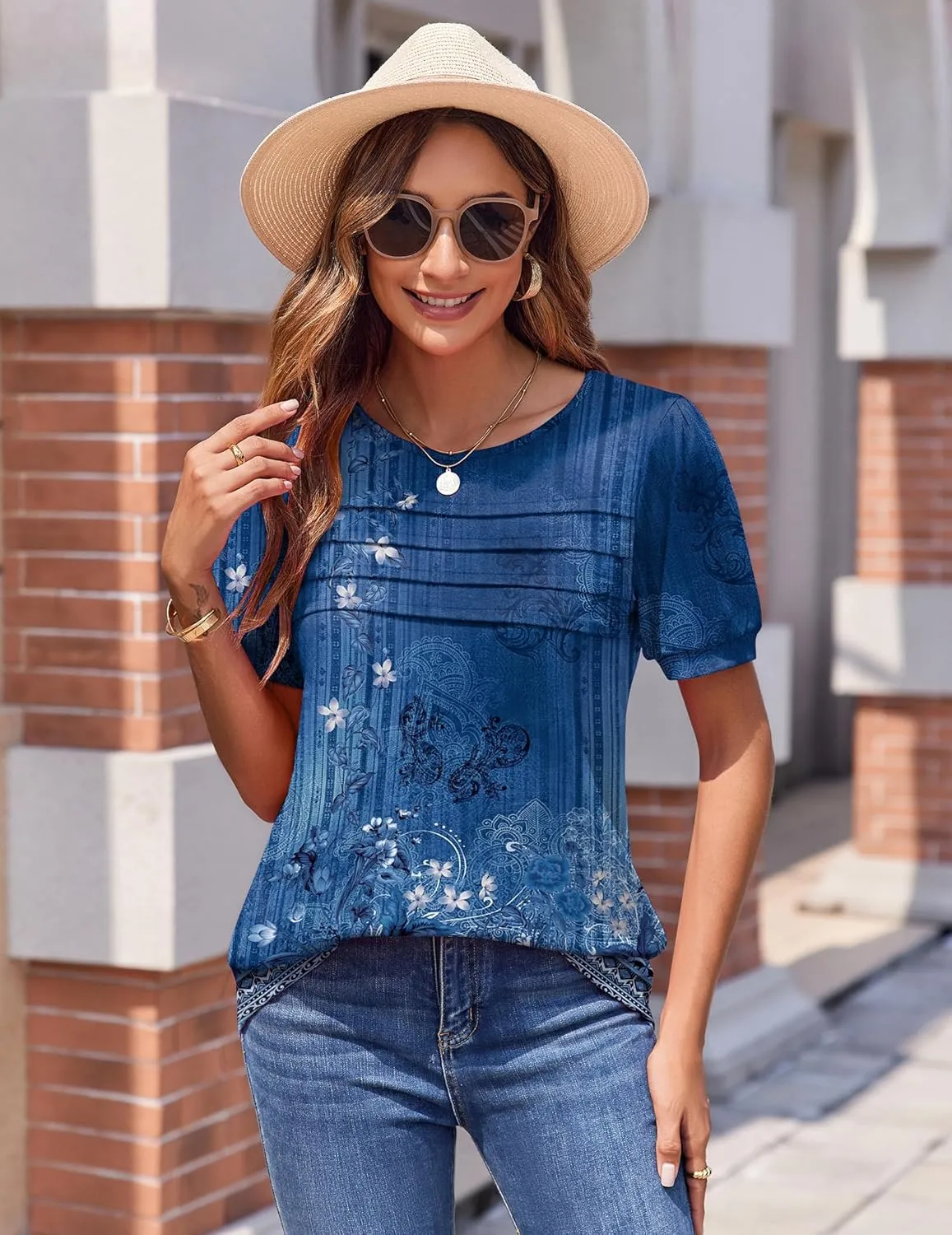 Zeagoo Womens Short Sleeve Tops Floral Boho Shirts Pleated Crewneck Summer Outfit Puff Sleeve Blouses Casual Tunic
