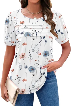Zeagoo Womens Short Sleeve Tops Floral Boho Shirts Pleated Crewneck Summer Outfit Puff Sleeve Blouses Casual Tunic