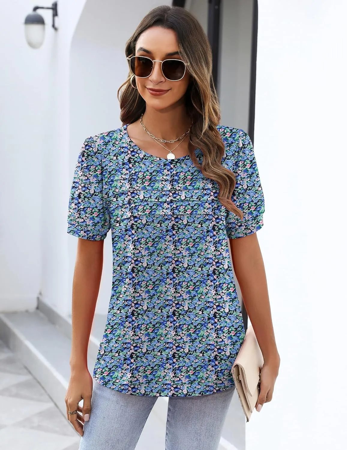 Zeagoo Womens Short Sleeve Tops Floral Boho Shirts Pleated Crewneck Summer Outfit Puff Sleeve Blouses Casual Tunic