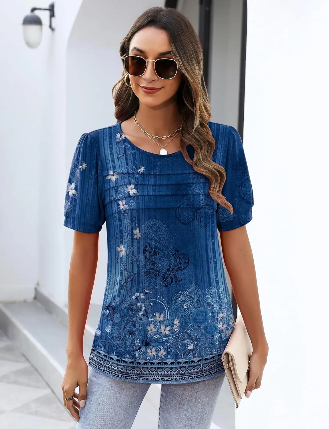 Zeagoo Womens Short Sleeve Tops Floral Boho Shirts Pleated Crewneck Summer Outfit Puff Sleeve Blouses Casual Tunic