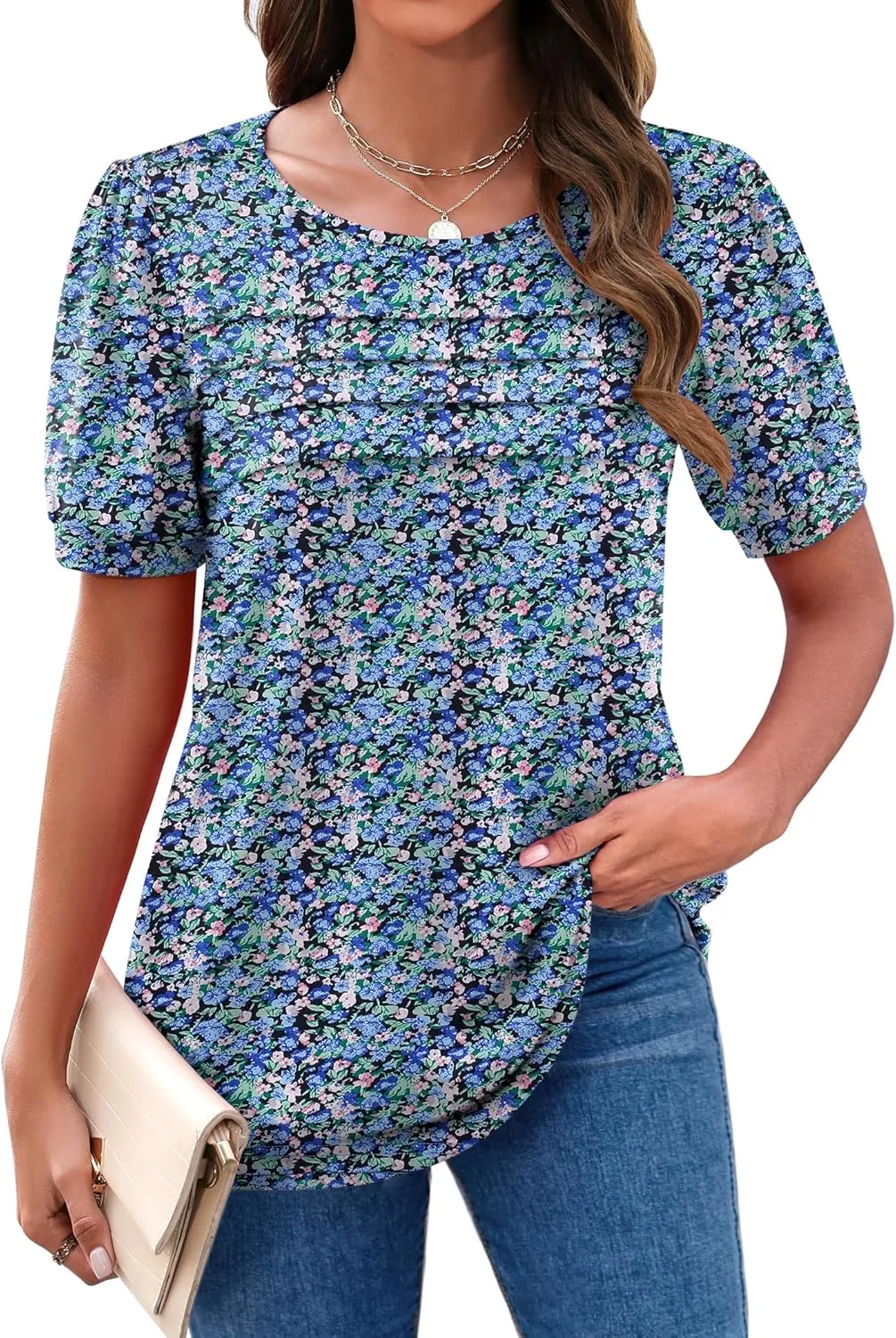 Zeagoo Womens Short Sleeve Tops Floral Boho Shirts Pleated Crewneck Summer Outfit Puff Sleeve Blouses Casual Tunic