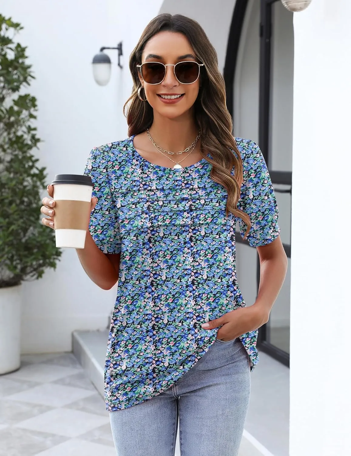 Zeagoo Womens Short Sleeve Tops Floral Boho Shirts Pleated Crewneck Summer Outfit Puff Sleeve Blouses Casual Tunic