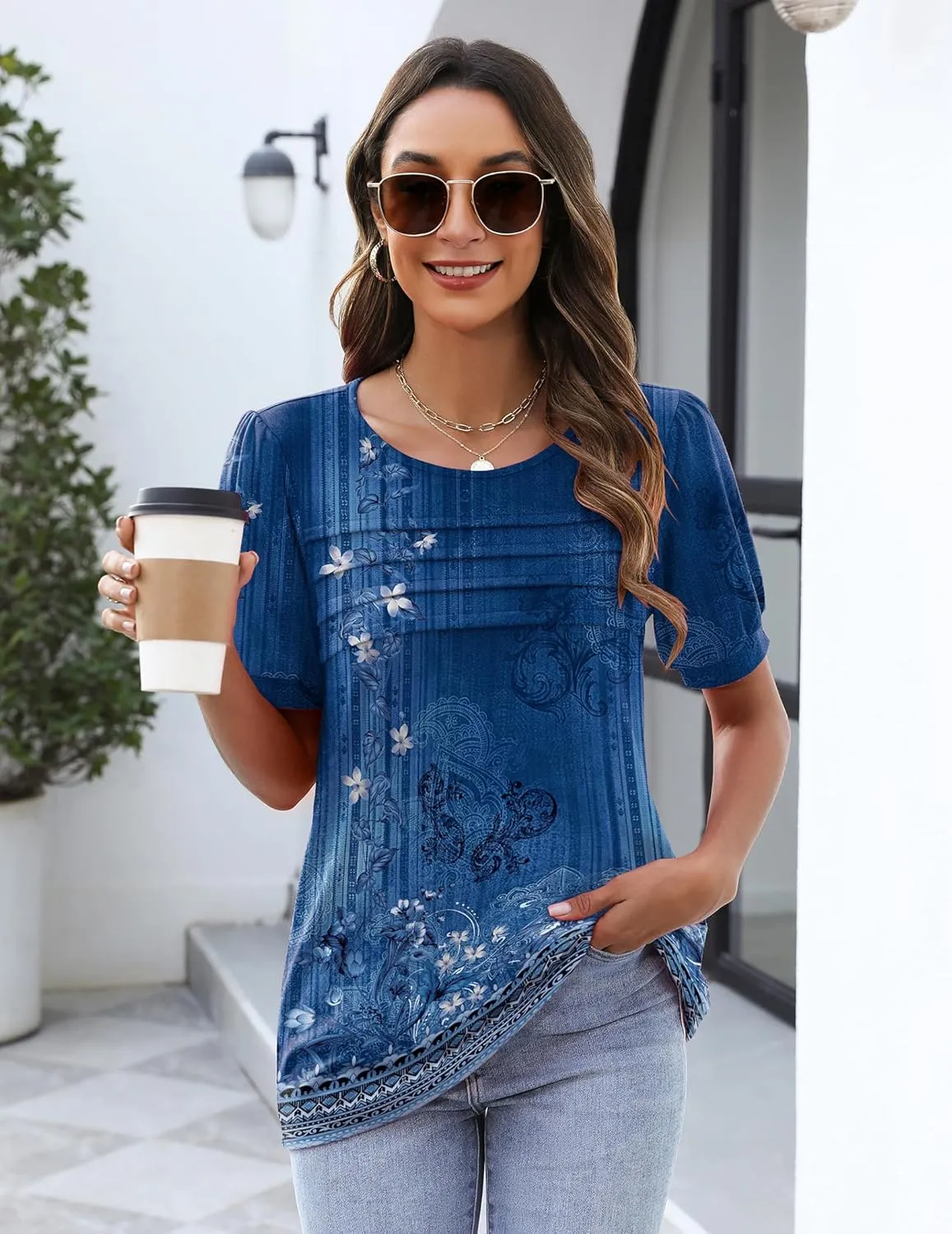 Zeagoo Womens Short Sleeve Tops Floral Boho Shirts Pleated Crewneck Summer Outfit Puff Sleeve Blouses Casual Tunic