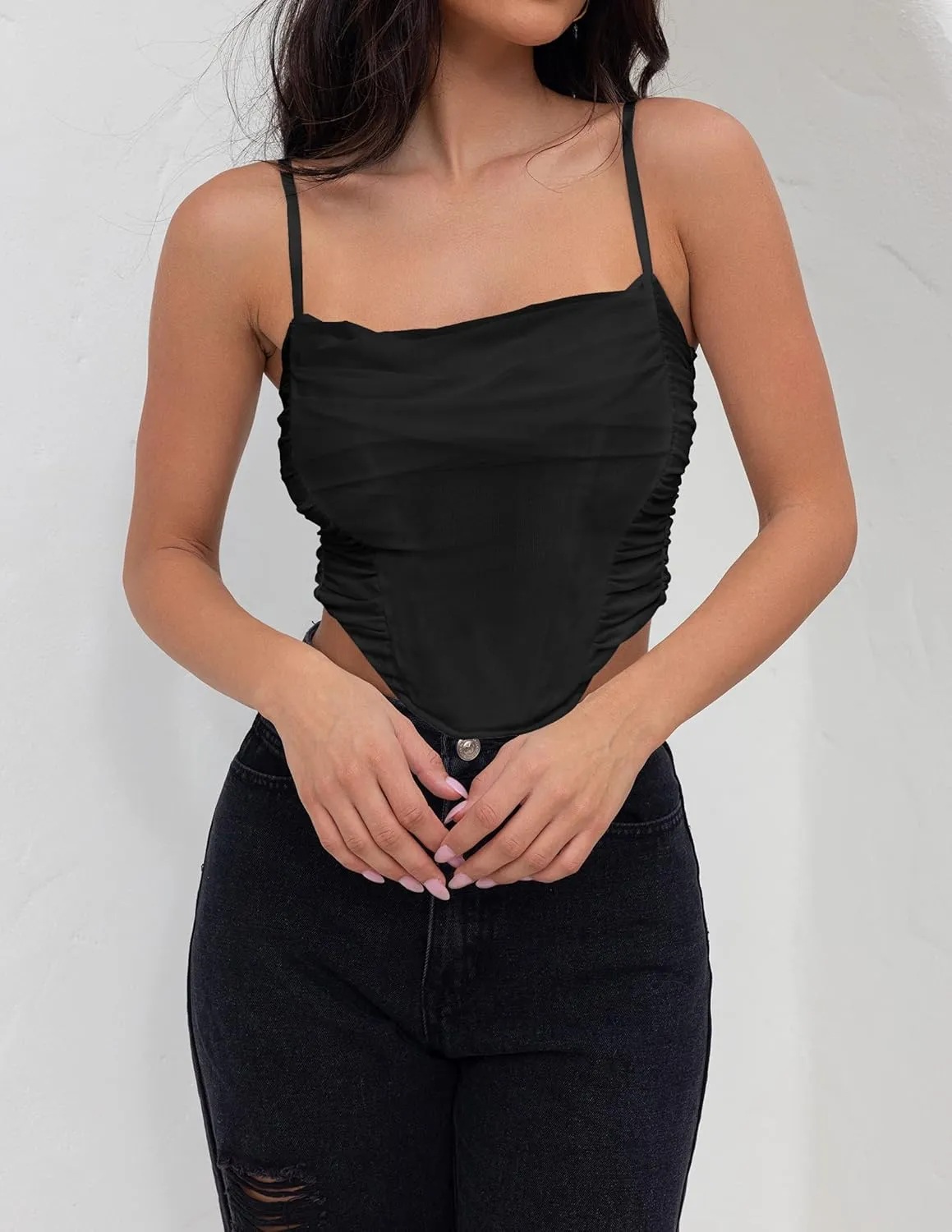 ZESICA Women's Summer Corset Tops Sexy Spaghetti Straps Mesh Bustier Top Cute Camisole Tank Tops