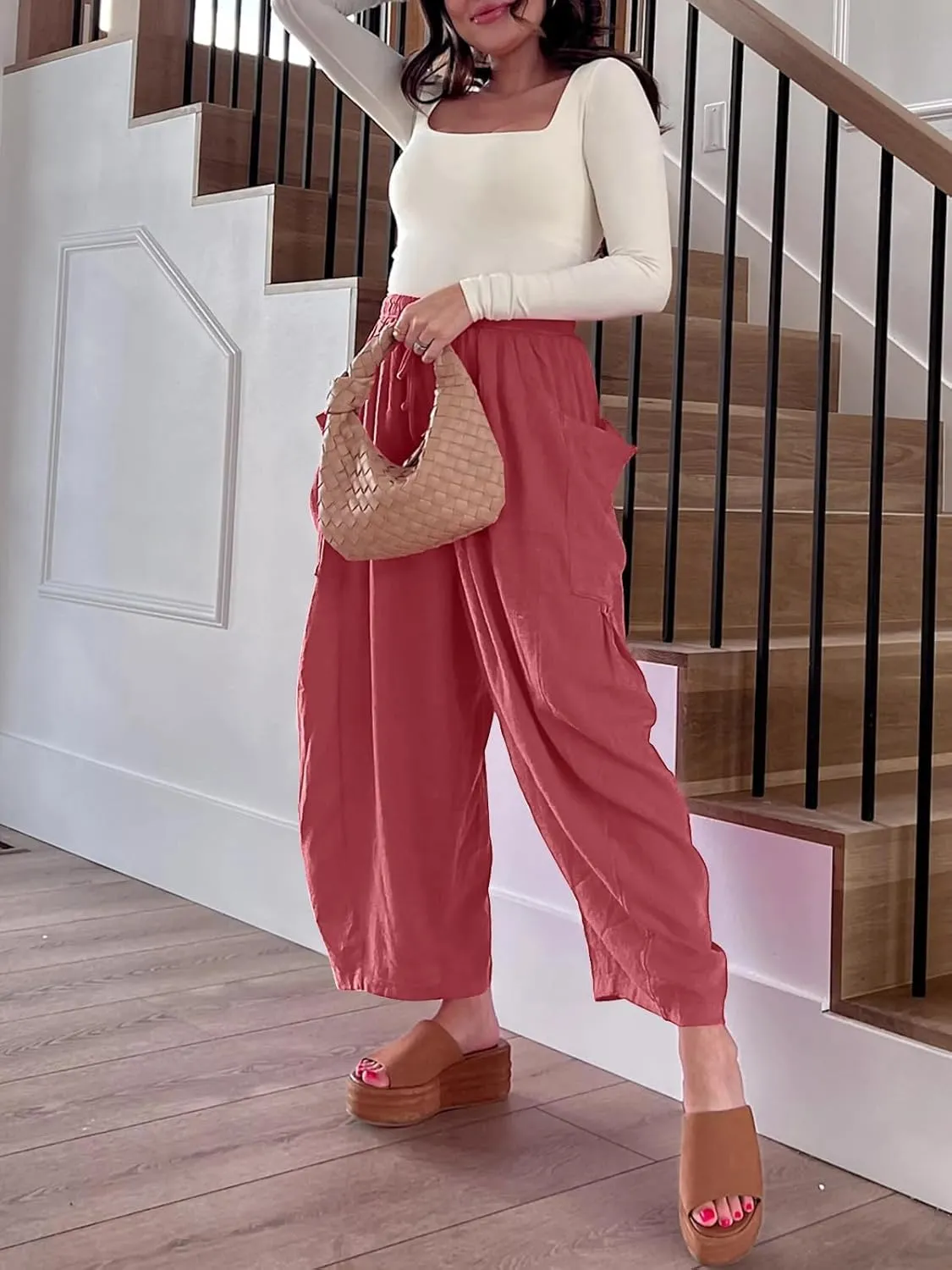 ZOCANIA Womens Pleated High Elastic Waist Linen Pants Drawstring Solid Wide Leg Baggy Pants Comfy Jogger Pants with Pockets