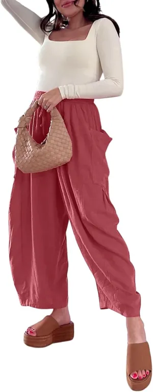 ZOCANIA Womens Pleated High Elastic Waist Linen Pants Drawstring Solid Wide Leg Baggy Pants Comfy Jogger Pants with Pockets