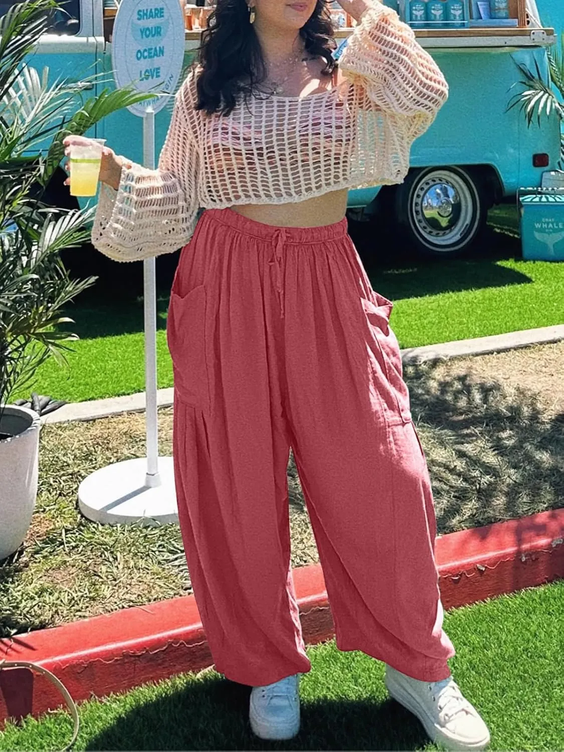 ZOCANIA Womens Pleated High Elastic Waist Linen Pants Drawstring Solid Wide Leg Baggy Pants Comfy Jogger Pants with Pockets