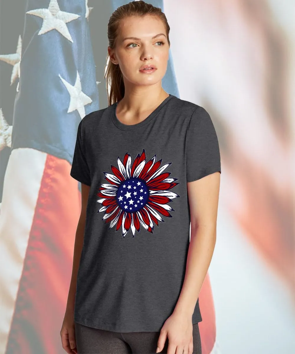 ZWSYXL American Flag Sunflower Shirts Women 4th of July Graphic Tees Patriotic T-Shirts USA Flag Star Stripe Tops