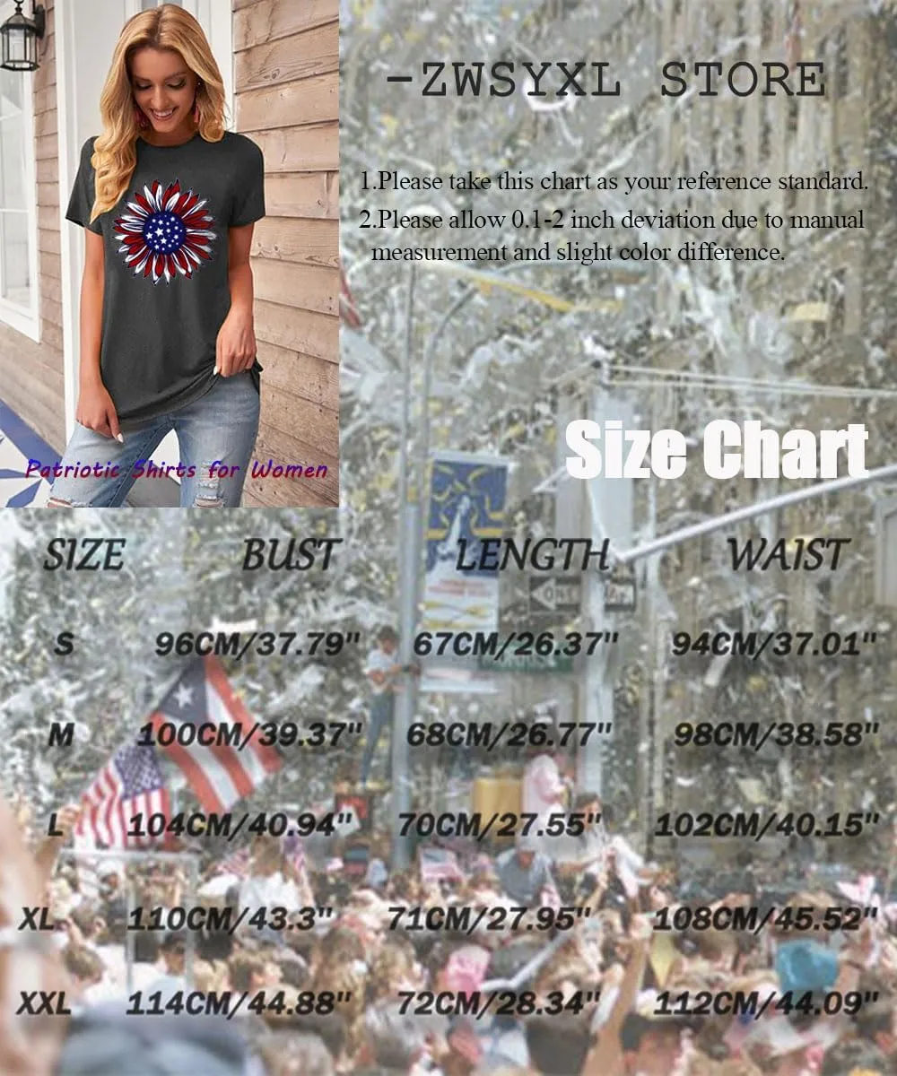 ZWSYXL American Flag Sunflower Shirts Women 4th of July Graphic Tees Patriotic T-Shirts USA Flag Star Stripe Tops