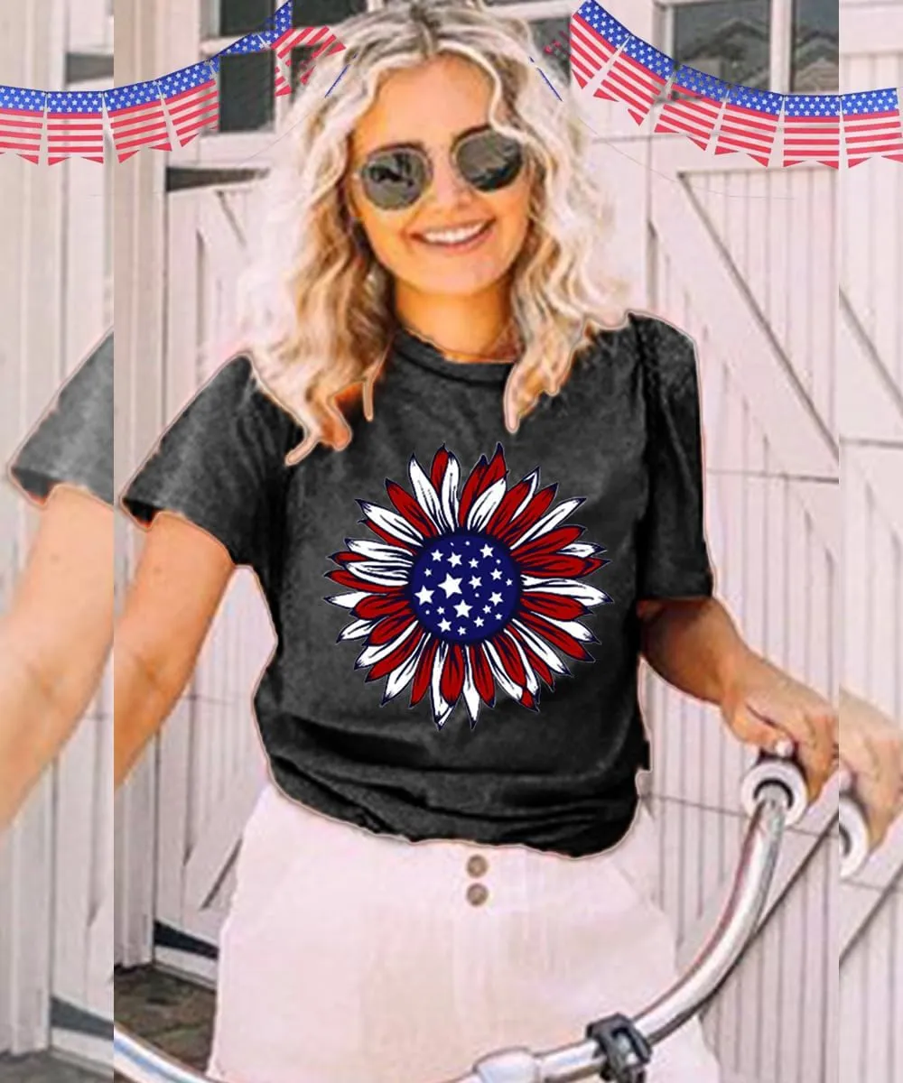 ZWSYXL American Flag Sunflower Shirts Women 4th of July Graphic Tees Patriotic T-Shirts USA Flag Star Stripe Tops