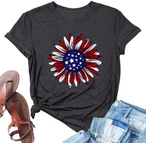 ZWSYXL American Flag Sunflower Shirts Women 4th of July Graphic Tees Patriotic T-Shirts USA Flag Star Stripe Tops