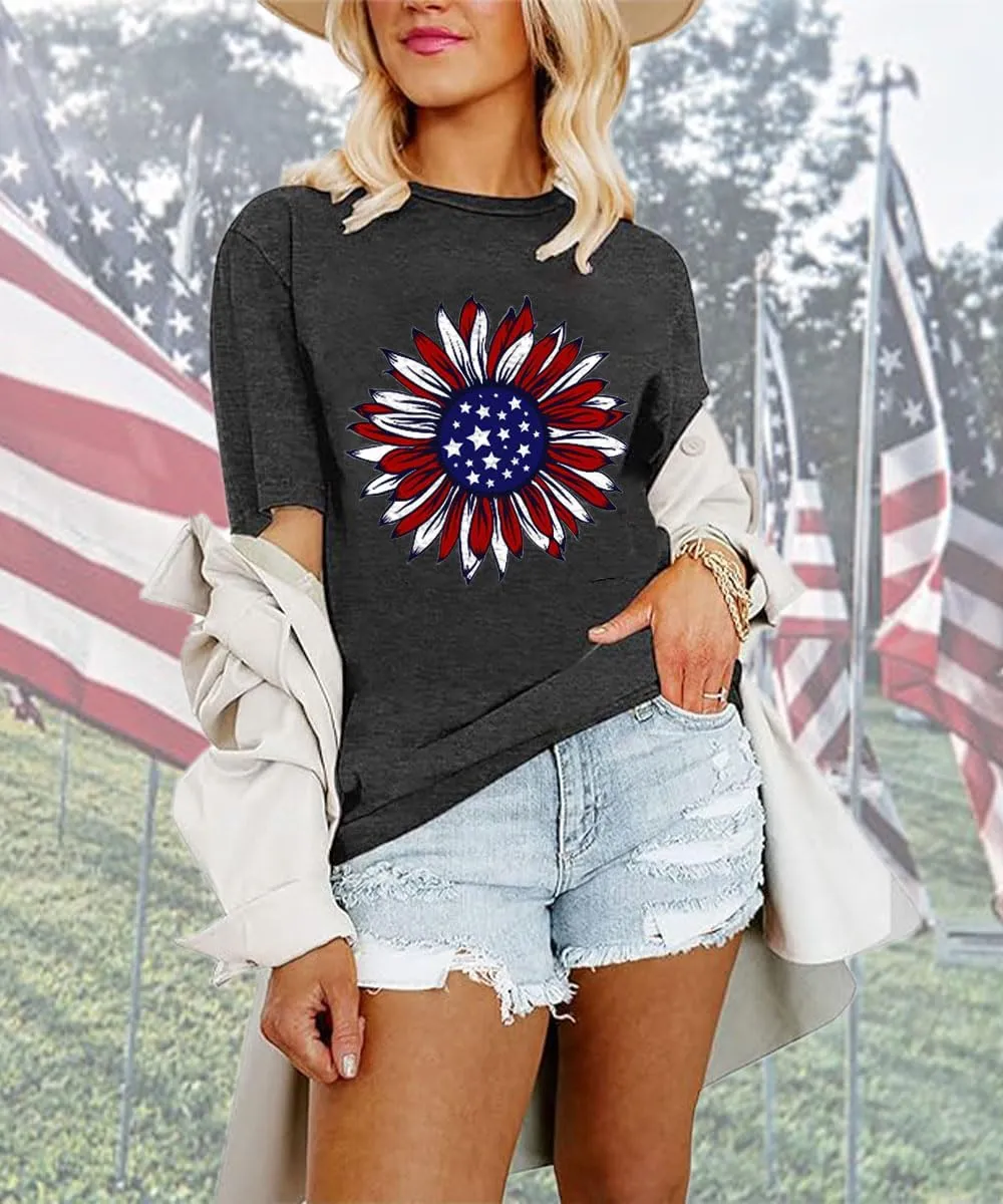 ZWSYXL American Flag Sunflower Shirts Women 4th of July Graphic Tees Patriotic T-Shirts USA Flag Star Stripe Tops