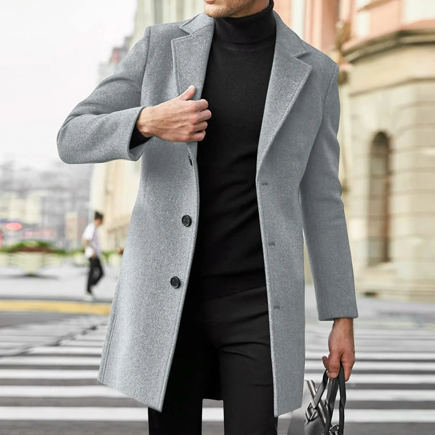 ZYXTIM Men's Casual Trench Coat Wool Blend Pea Coat Notched Collar Single Breasted Warm Winter Long Jacket Oversize Overcoat