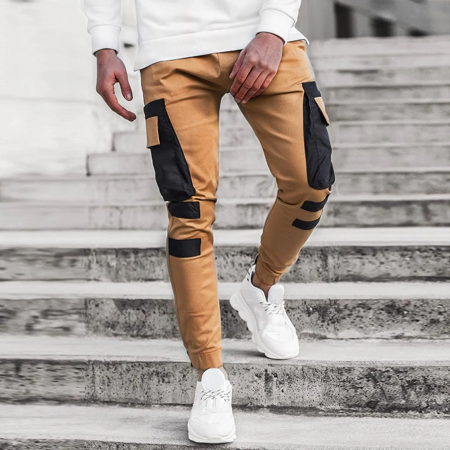 ZYXTIM Sweat Pants for Man Slim Fit Pencil Tapered Cuff Stripes Color Block Jogger Trousers with Pockets