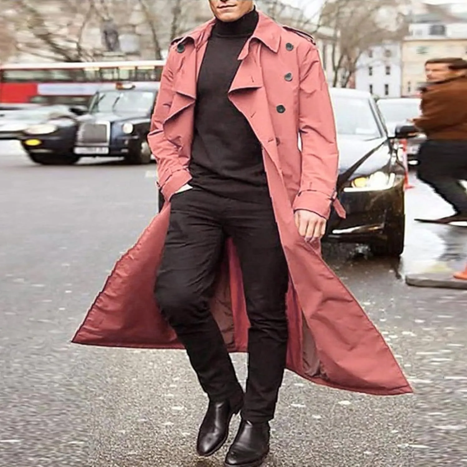 ZYXTIM Trench Coat Men Double Breasted Notched Collar Long Jacket Overcoat Classic Fall Winter Topcoat Pea Coat wih Pockets